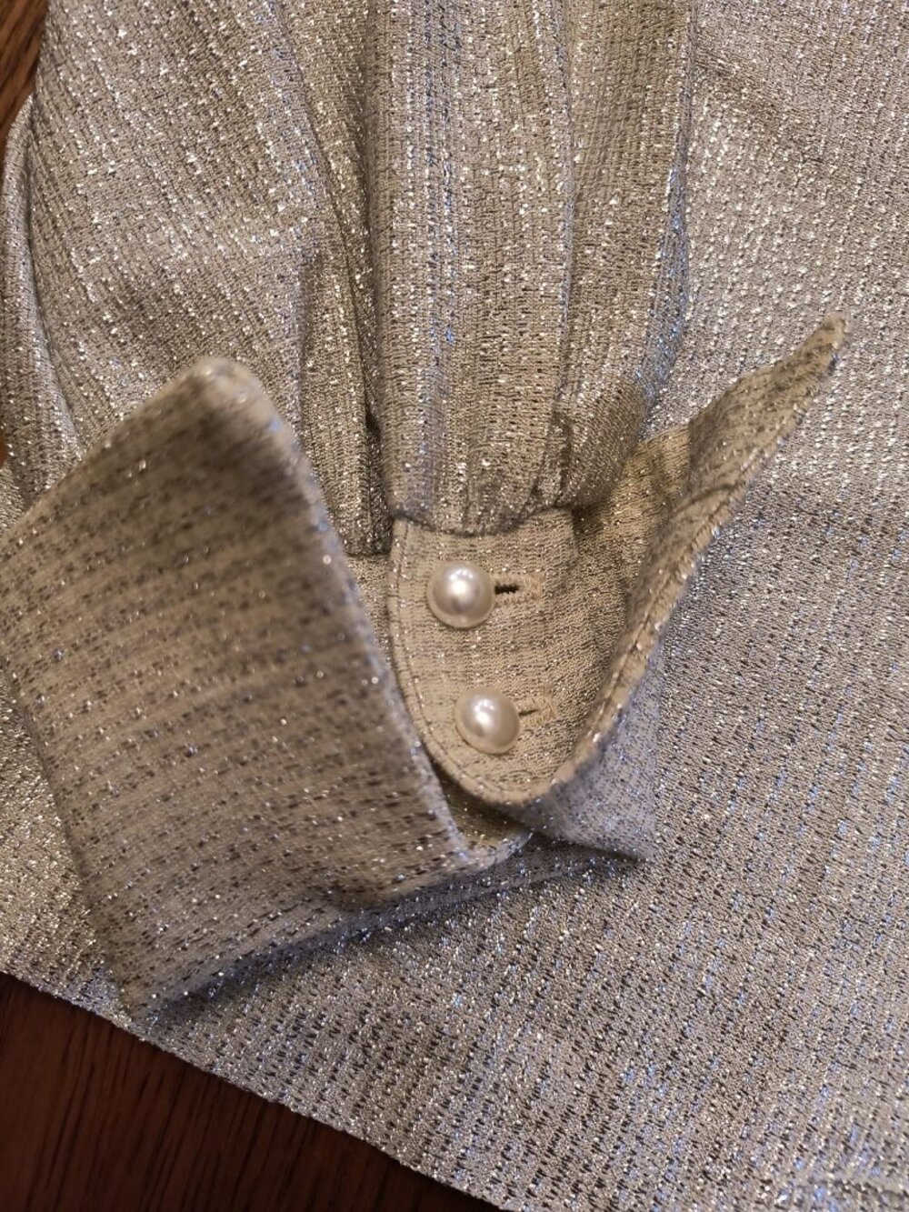 Vintage Alex Colman Silver Metallic Button-Up Blouse With Pearl Buttons - Picture 2 of 6